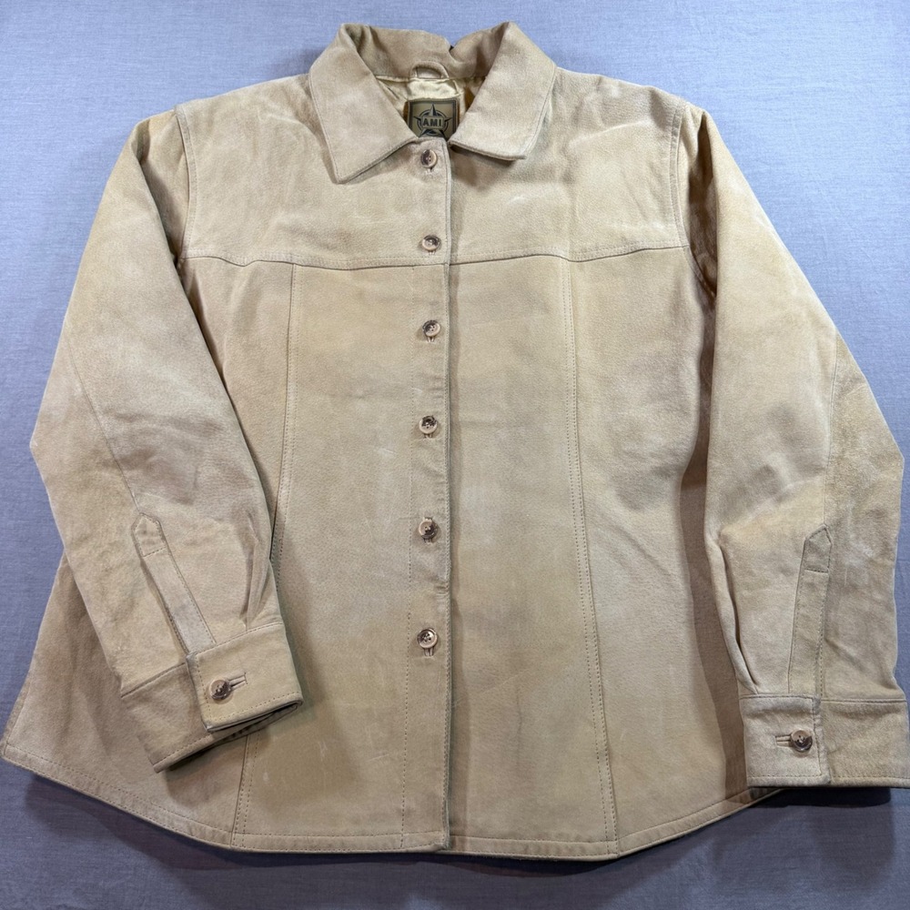 AMI Suede Leather Jacket Womens XL Tan Beige Excellent‎ Button Front Collared